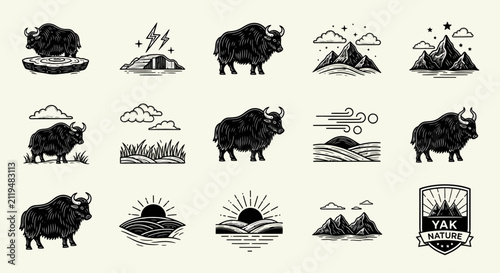 Illustrated yaks and landscape elements in line art style design set