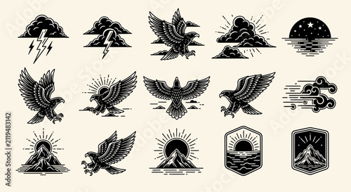 Vintage eagle illustrations soaring birds and mountain silhouettes vector set