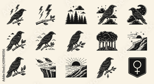 Black raven illustrations decorative vector set depicting nature elements