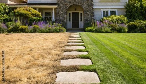 Suburban house front yard with stone pathway and green lawn