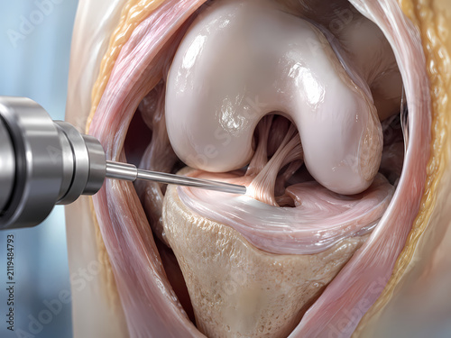 Close up medical illustration of arthroscopic knee surgery with surgical probe inspecting joint cartilage and ligaments