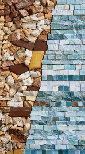 Abstract mosaic wall with textured stones and glossy blue tiles in diagonal composition