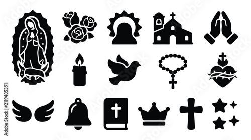 Fotografie Collection of Christian religious symbols and icons, including Virgin Mary, cross, church, praying hands, and rosary beads