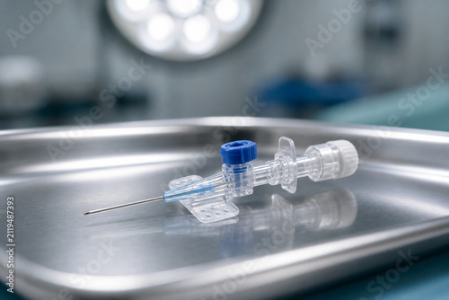 Transparent intravenous cannula on a sterile tray under soft surgical light.