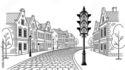 A detailed black and white line art illustration of a vintage street traffic light.