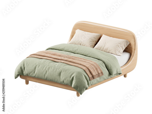 3d render of a cute double bed with green bedding