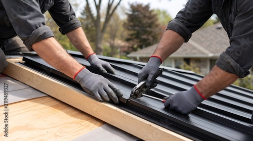 Two roofers installing black standing seam metal roof panels