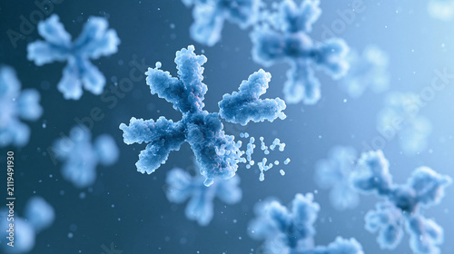 A microscopic view showing many antibody proteins floating in a blue liquid medium to represent a medical research concept for human health and immune system support