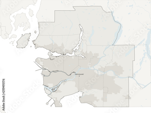Vancouver metropolitan area vector map with census subdivision boundaries, urban footprint and hydrography, British Columbia, Canada