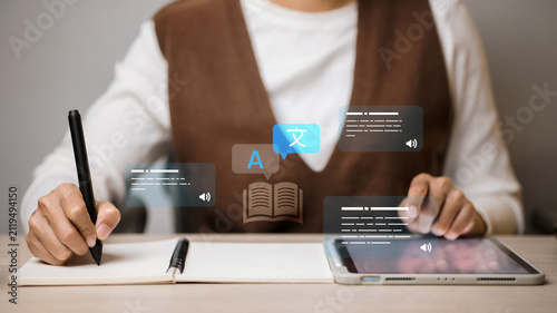 Student Hands Writing Note and Using Tablet with Language Translation App Icons Graphic