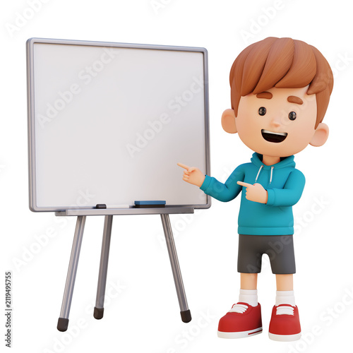 3D Cartoon Boy Pointing at Whiteboard Explaining Lesson Concept