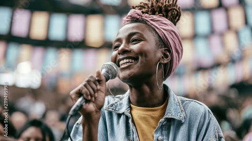Black woman singing passionately into a microphone on stage