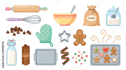 A vibrant collection of baking ingredients and tools, including cookies, gingerbread men, and baking sheets, perfect for holiday baking.