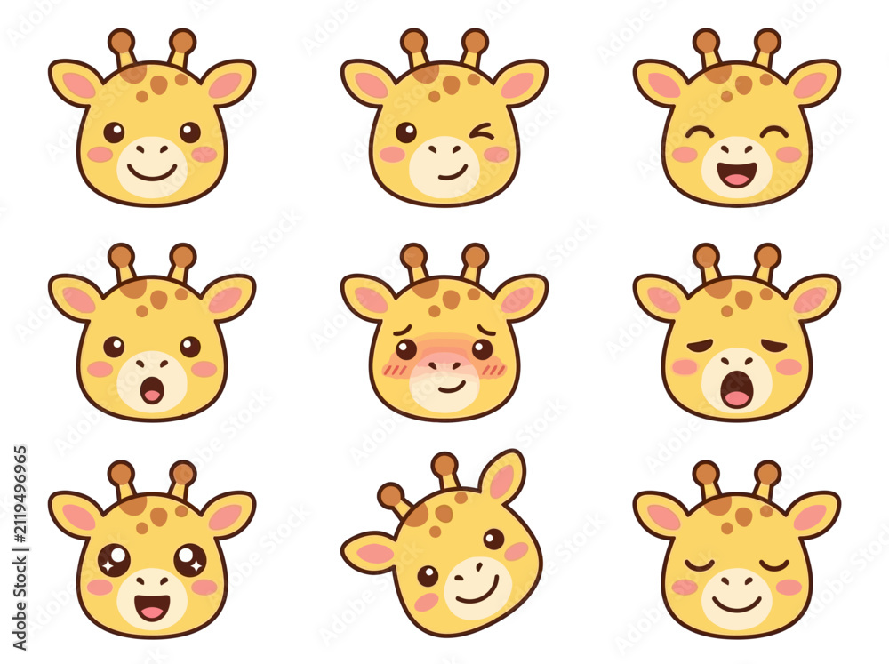 Fototapeta premium Cute giraffe faces with different emotional expressions