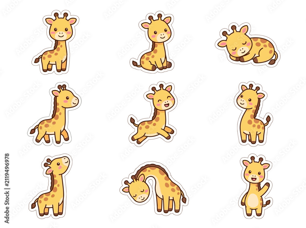 Obraz premium Cute baby giraffe character set with various poses and expressions