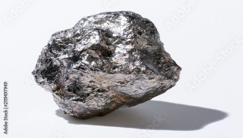 Irregular piece of dense osmium metal with a bright silvery luster on a light gray surface