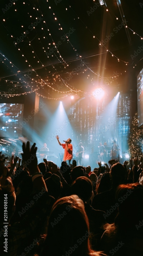 Fototapeta premium Lively indoor concert performer on stage with crowd silhouettes