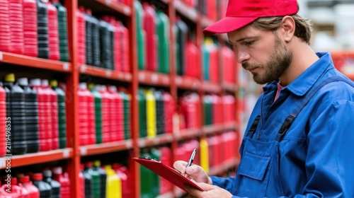 Male warehouse worker in red cap and blue overalls taking inventory on clipboard