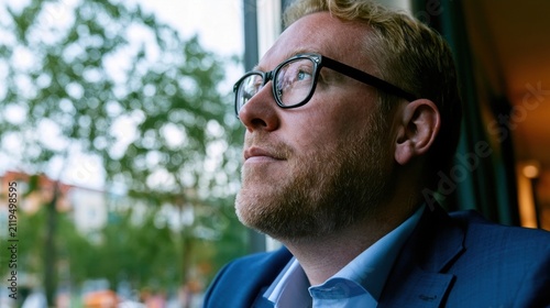 Man in blue suit and glasses looking out window with trees outside