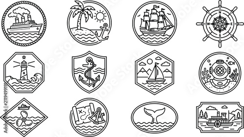 Foto Vector set of nautical and maritime badges featuring ships anchors lighthouse co