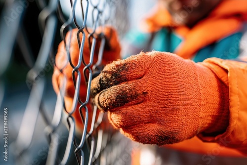 Person gripping chain-link fence with orange work gloves