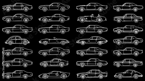 Classic muscle car collection in sleek white line art. Vintage automobile silhouettes for timeless design projects.