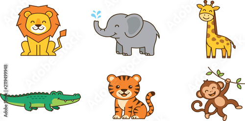 Photography Cute Cartoon Safari and Jungle Animals Vector Icon Set Featuring Lion Elephant G