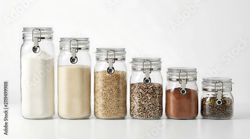 Set of six glass storage jars with metal clamp lids filled with different dry ingredients and spices. hermetic seal containers