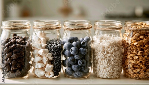 Six glass jars lined up containing coffee beans, marshmallows, chia seeds, blueberries, shredded coconut, and granola