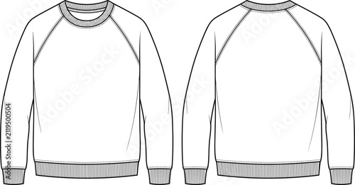 Classic Raglan Sleeve Sweatshirt Mockup with Front and Back Views Technical Apparel Vector Template Illustration Set