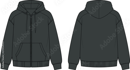 Men Full Zip Hoodie Front and Back Technical Apparel Template Outline Vector for Fashion Design and Production