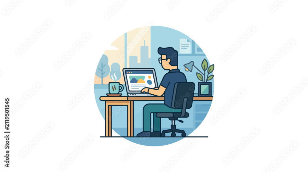 Fototapeta premium Man working on laptop computer at desk, remote work illustration