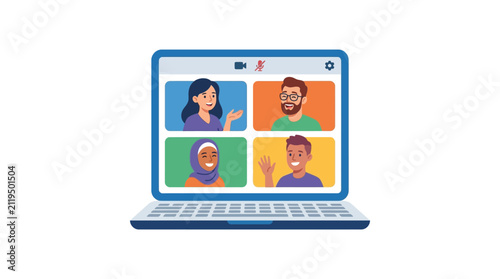 Video conference call on laptop screen with diverse people