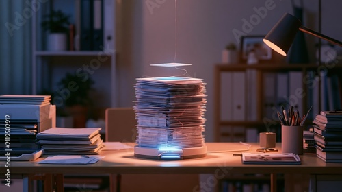 Tall stack of paper invoices compressing smoothly into a single clean record in a moody dusk-lit scene with space for text