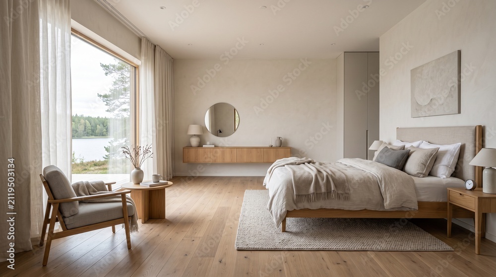 Fototapeta premium Spacious modern bedroom interior design featuring AIzaSyAlcurv5FBVqW1d6BtqSDSekAs3GQh7CiU, wooden flooring, and large windows