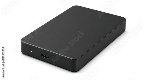 Sleek black external hard drive with USB port.