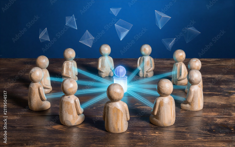 Obraz premium Wooden figures connect via blue rays, surrounded by floating geometric shapes against a dark backdrop.