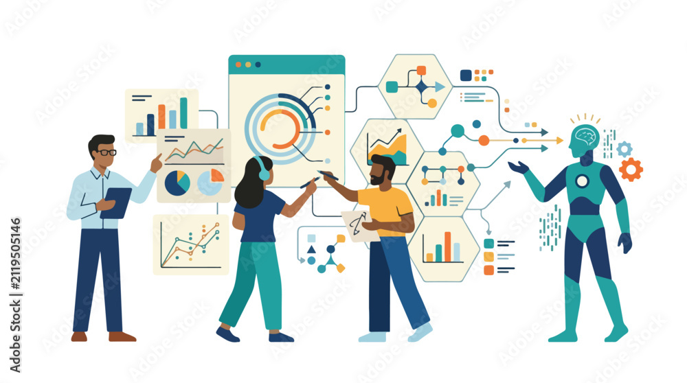 Fototapeta premium A team of diverse professionals interacts with complex data charts and a humanoid robot, representing human-AI collaboration in data science.