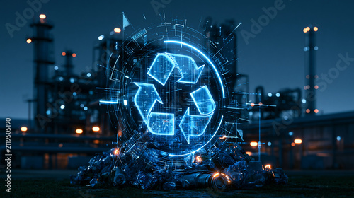 Futuristic digital recycling symbol glowing above a pile of plastic waste in front of an industrial plant at night. Ideal for sustainability and circular economy concepts.