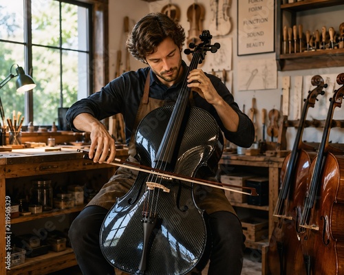 Skilled Luthier Playing Carbon Fiber Cello in Artisan Workshop Surrounded by Handcrafted String Instruments