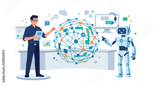 A man and a robot work together around a glowing digital network sphere, illustrating modern AI-powered customer service and data technology.