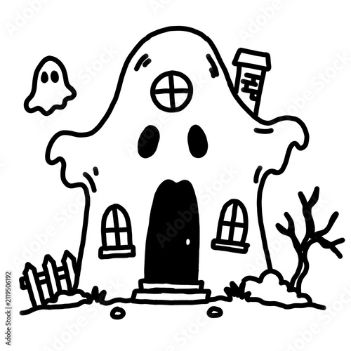Cute Ghost Shaped Haunted House Hand Drawn Halloween Doodle Vector Illustration