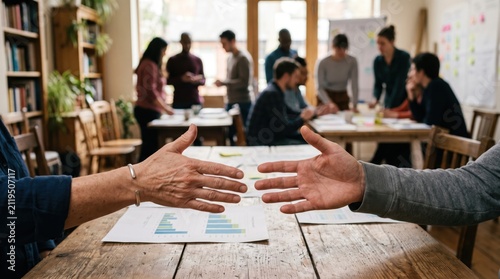 leadership development nonprofits volunteer concept. Handshake agreement between two businesspeople with a team working in background