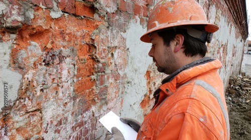 Construction worker in orange high-visibility jacket and hard hat examining exposed brick wall