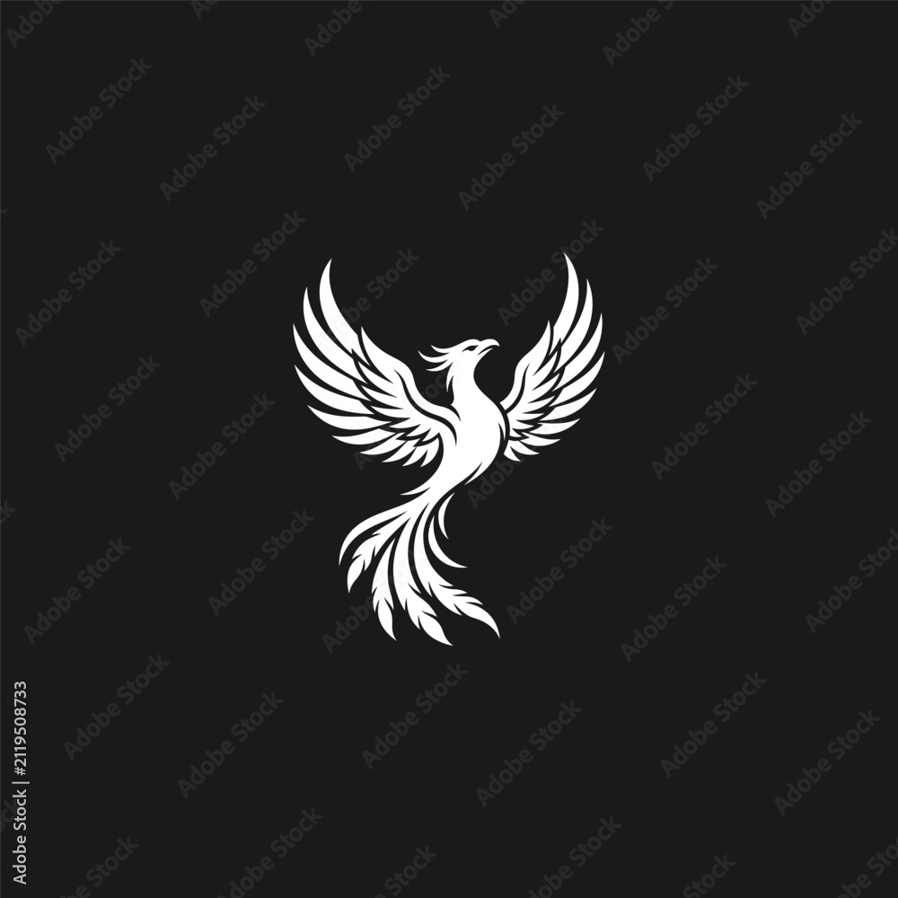 Fototapeta premium Minimalist White Phoenix Rising Logo on Black Background