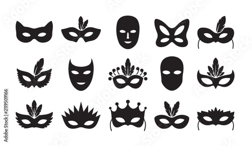Set of fifteen diverse black and white carnival masks for masquerade balls and festive events.