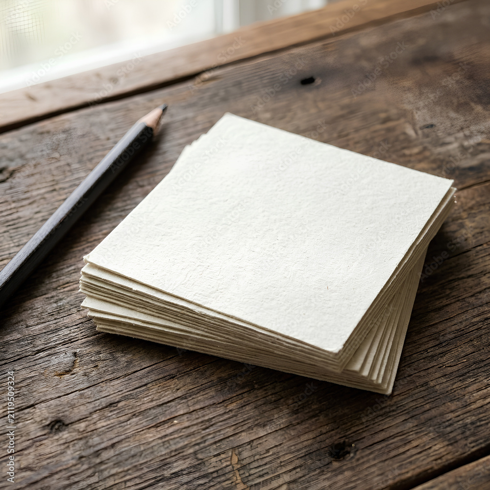 Fototapeta premium Stack of Blank Notepads with Pen on Wooden Surface.