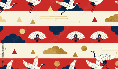 Japanese pattern vector illustration with flying cranes, folding fans, clouds, and sun in traditional style