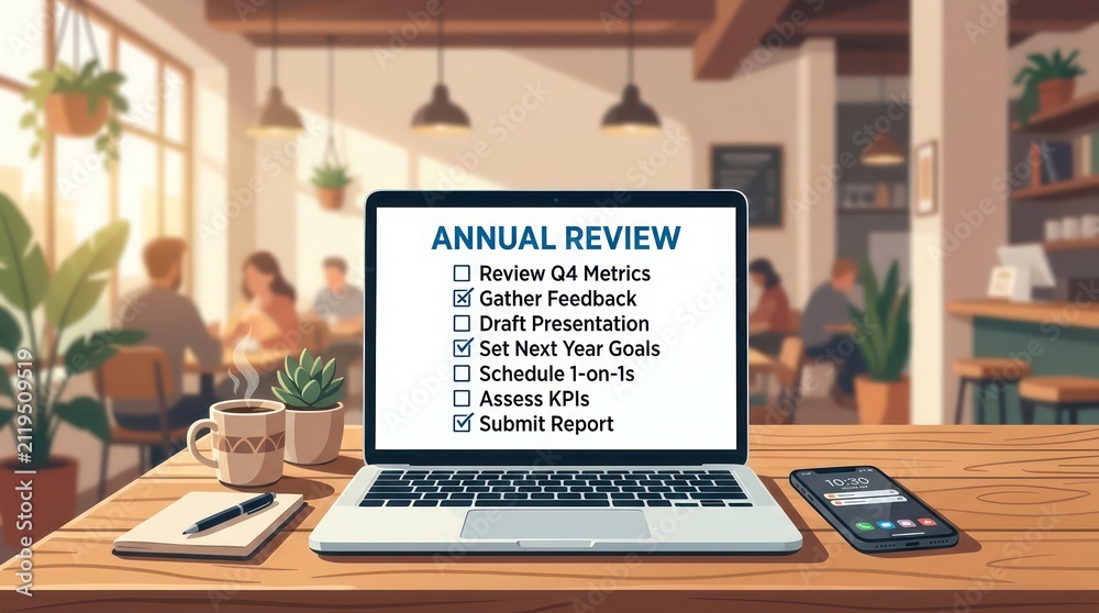 Fototapeta premium Laptop with annual review checklist on screen in a cafe workspace