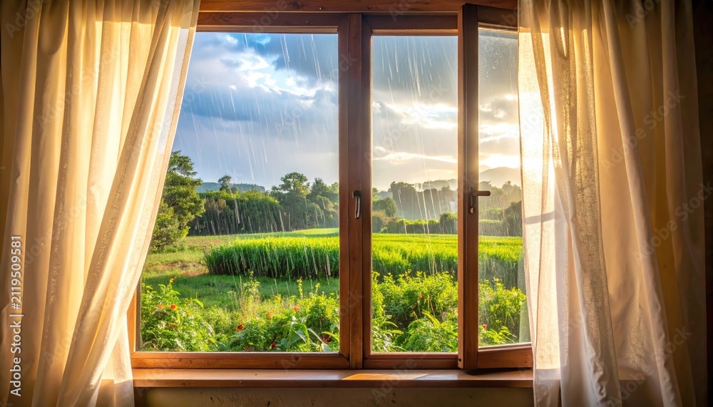 Fototapeta premium Curtained window view of lush green meadow landscape.